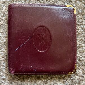 Vintage Cartier Must de Cartier Bifold Wallet Smooth Burgundy Leather Gold Metal
